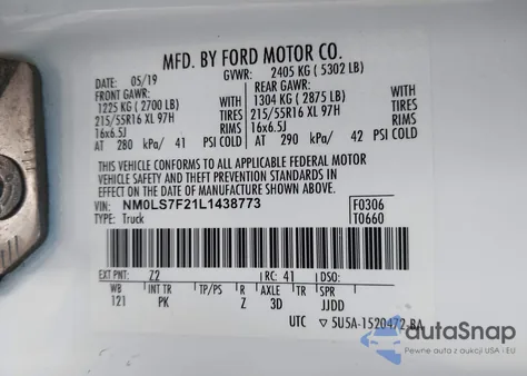 2020 Ford Transit Connect Xlt z USA, uszkodzony, nr VIN NM0LS7F21L1438773